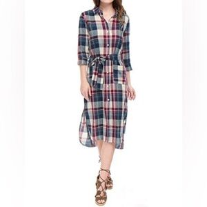 Allegra K Women Plaid/Flannel Hi-Lo Hem Side Slits Belt Midi Shirt Dress Size S